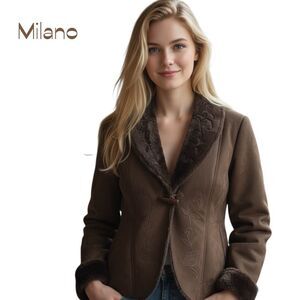 Essentials by Milano Vegan Suede & Fur Embroidered CowGirl Coat NWOT Size L